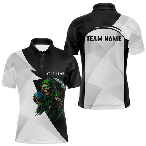 Maxcorners Black and White Funny Skull reaper Bowling Polo, 1/4 Zip Shirts For Men Custom Team Bowling Jersey TU1711