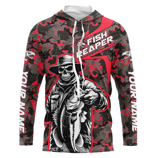 Maxcorners Custom Fish Reaper Skull Bass Long Sleeve Fishing Shirt, Bass Hunter Fishing Jerseys | Red Camo LM0201