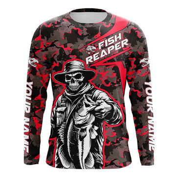 Maxcorners Custom Fish Reaper Skull Bass Long Sleeve Fishing Shirt, Bass Hunter Fishing Jerseys | Red Camo LM0201