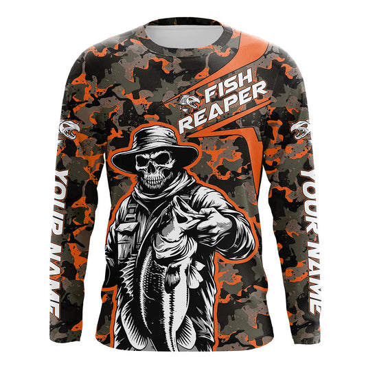 Maxcorners Custom Fish Reaper Skull Bass Long Sleeve Fishing Shirt, Bass Hunter Fishing Jerseys | Orange Camo LM0201