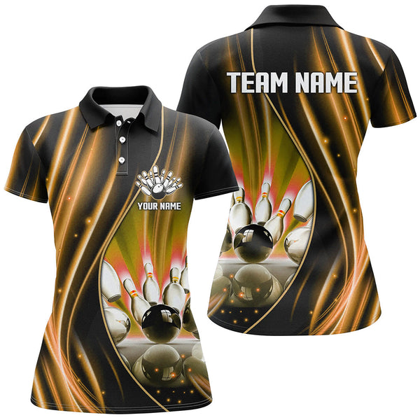 Maxcorners Bowling Ball And Pins Orange And Black Light Customized Name, Team Name 3D Shirt