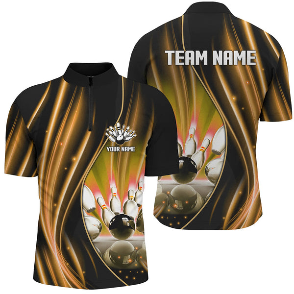 Maxcorners Bowling Ball And Pins Orange And Black Light Customized Name, Team Name 3D Shirt