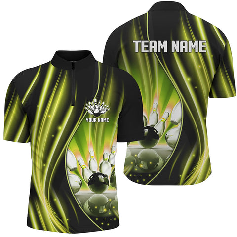 Maxcorners Bowling Ball And Pins Yellow And Black LightCustomized Name, Team Name 3D Shirt