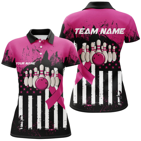 Maxcorners Bowling Ball And Pins Pink And Black American FlagCustomized Name, Team Name 3D Shirt