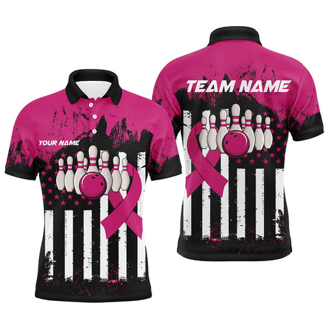 Maxcorners Bowling Ball And Pins Pink And Black American FlagCustomized Name, Team Name 3D Shirt