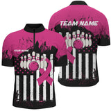 Maxcorners Bowling Ball And Pins Pink And Black American FlagCustomized Name, Team Name 3D Shirt