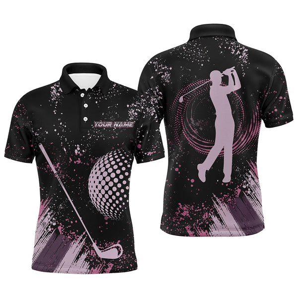 Maxcorners Pink and Black grunge pattern golf ball club Mens Golf Polo Shirts custom golf attire for men