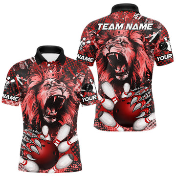 Maxcorners Red Camo Lion roar Bowling Polo, Quarter Zip Shirts for Men Custom Lion Bowling Team jerseys LM2201