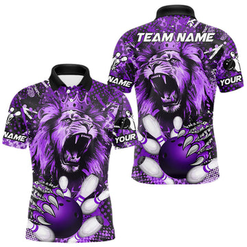 Maxcorners Purple Camo Lion roar Bowling Polo, Quarter Zip Shirts for Men Custom Lion Bowling Team jerseys LM2201