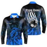 Maxcorners Black and Blue Lion Bowling Polo, Quarter Zip Shirts For Men Custom Team Lion Bowling Jerseys