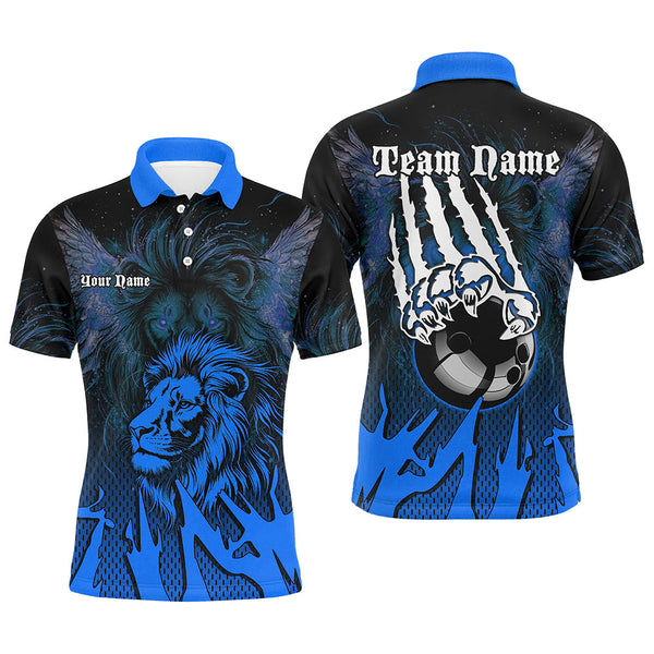 Maxcorners Black And Blue Lion Bowling Polo, Quarter Zip Shirts For Men & Women Custom Team Lion Bowling Jerseys