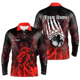 Maxcorners Black And Red Lion Bowling Polo, Quarter Zip Shirts For Men Custom Team Lion Bowling Jerseys