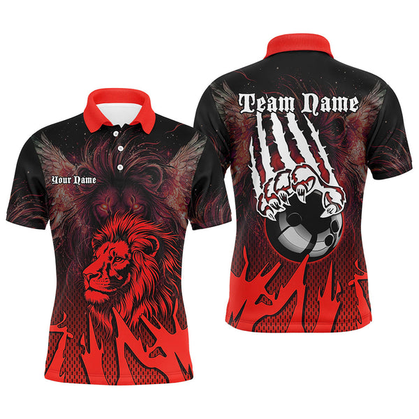 Maxcorners Black And Red Lion Bowling Polo, Quarter Zip Shirts For Men Custom Team Lion Bowling Jerseys