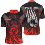 Maxcorners Black And Red Lion Bowling Polo, Quarter Zip Shirts For Men Custom Team Lion Bowling Jerseys