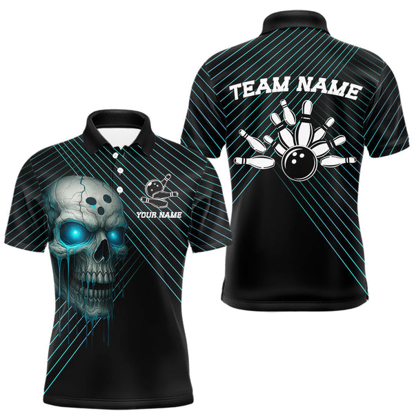 Maxcorners Black and Blue Skull Bowling Polo, Quarter Zip Shirts For Men Custom Bowling Team Jerseys Outfits  LM3006