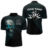 Maxcorners Black and Blue Skull Bowling Polo, Quarter Zip Shirts For Men Custom Bowling Team Jerseys Outfits  LM3006