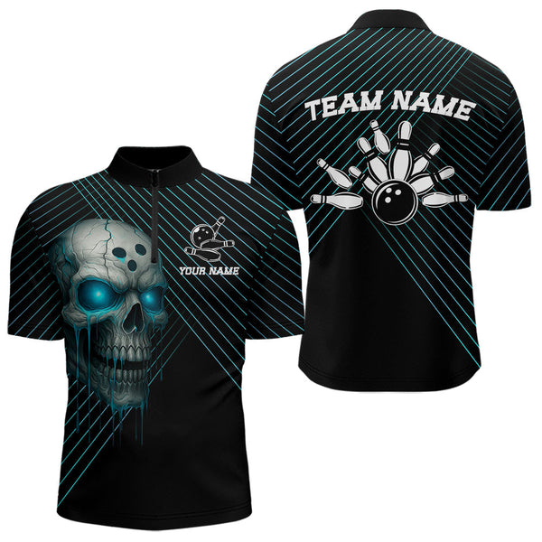 Maxcorners Black and Blue Skull Bowling Polo, Quarter Zip Shirts For Men Custom Bowling Team Jerseys Outfits  LM3006