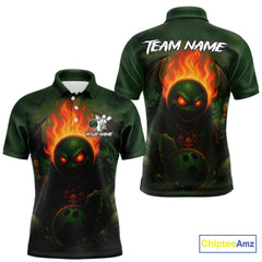 Maxcorners Custom Halloween Bowling Shirt For Men Green Flame Skull, personalized bowling shirts for team bowler MT2407
