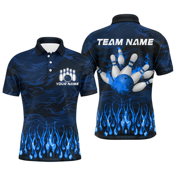 Maxcorners Bowling polo, quarter zip shirts Custom Blue camo Flame Bowling Team League Jerseys