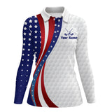 Maxcorners Red, White and Blue American Flag Womens golf polos shirts custom patriotic ladies golf tops