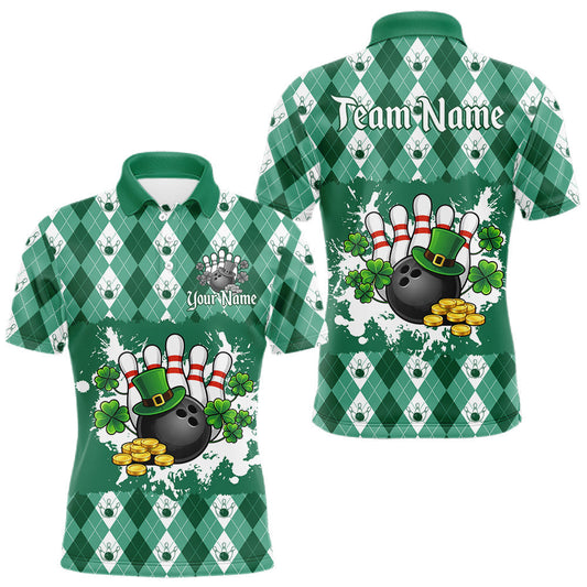 Maxcorners Argyle pattern St Patrick Green Bowling Polo, 1/4 zip shirts for Men Custom team bowling jerseys