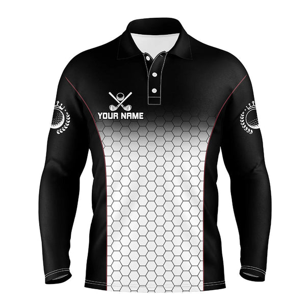 Maxcorners Black and White Hexagon pattern Mens golf polo shirts custom golf apparel for mens