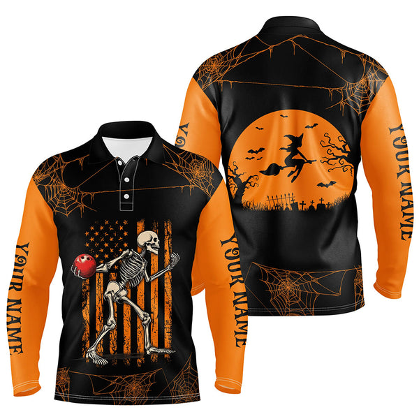 Maxcorners Funny Black and Orange American Flag Halloween skull custom bowling shirts, Bowling Team Jerseys