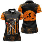 Maxcorners Funny Black and Orange American Flag Halloween skull custom bowling shirts, Bowling Team Jerseys