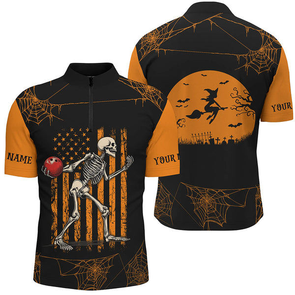 Maxcorners Funny Black and Orange American Flag Halloween skull custom bowling shirts, Bowling Team Jerseys