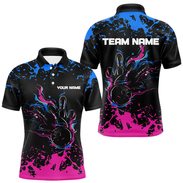 Maxcorners Personalized Black, Blue and Pink Bowling Shirts For Men, Bowling Balls And Pins Bowling Team Shirts TU2309