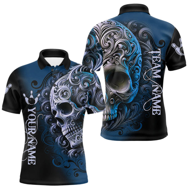 Maxcorners Blue and Black Skull Scroll Men Bowling Polo, Quarter Zip Shirts Custom Skull Team bowling Jersey TU2310