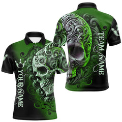 Maxcorners Green and Black Skull Scroll Men Bowling Polo, Quarter Zip Shirts Custom Skull Team bowling Jersey TU2310