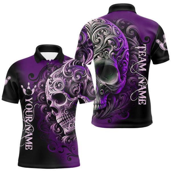 Maxcorners Purple and Black Skull Scroll Men Bowling Polo, Quarter Zip Shirts Custom Skull Team bowling Jersey TU2310