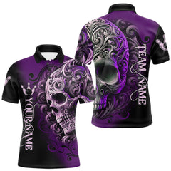 Maxcorners Purple and Black Skull Scroll Men Bowling Polo, Quarter Zip Shirts Custom Skull Team bowling Jersey TU2310