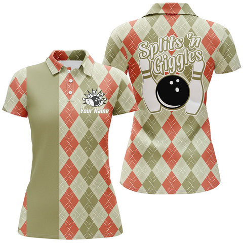 Maxcorners Splits 'N Giggles Women Bowling Polo, 1/4 Zip Shirt Personalized Argyle Pattern Retro Bowling Jerseys