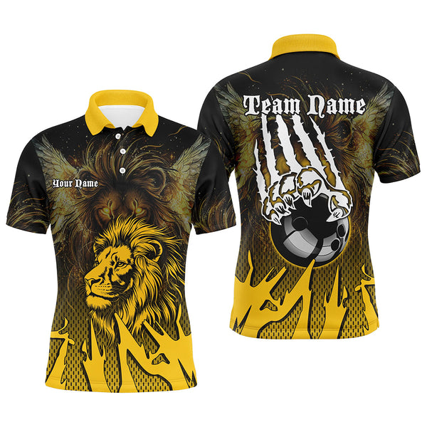 Maxcorners Black And Yellow Lion Bowling Polo, Quarter Zip Shirts Custom Team Lion Bowling Jerseys