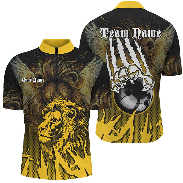 Maxcorners Black And Yellow Lion Bowling Polo, Quarter Zip Shirts Custom Team Lion Bowling Jerseys