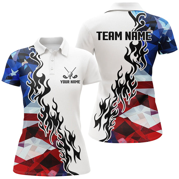 Maxcorners American Flag Fire Flame White Womens golf polos shirts custom patriotic golf attire for women