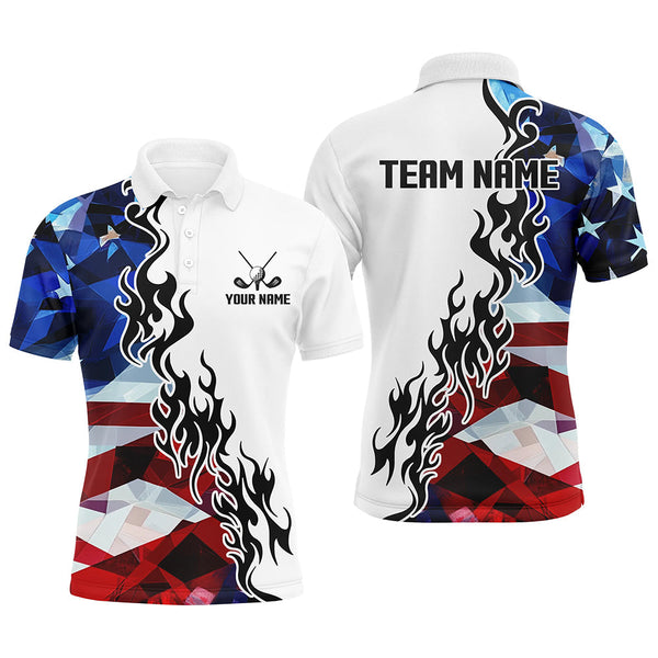 Maxcorners American Flag Fire Flame White Mens golf polos shirts custom patriotic team golf attire for men