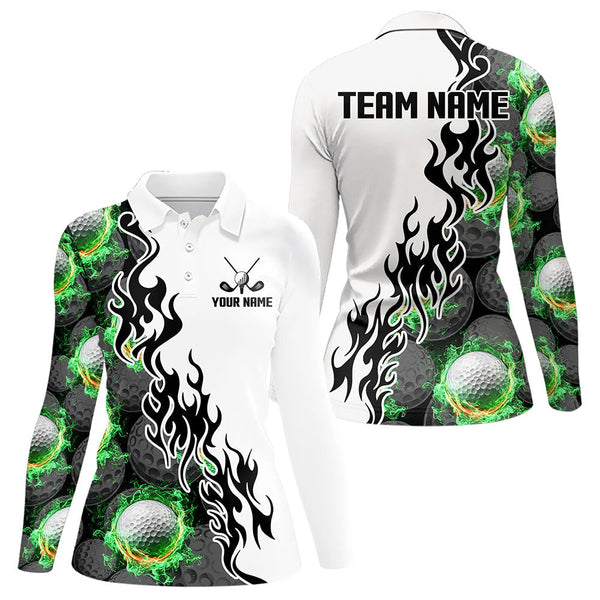 Maxcorners Green Flame Golf Ball pattern fire Black and White Mens golf polos shirts custom golf attire