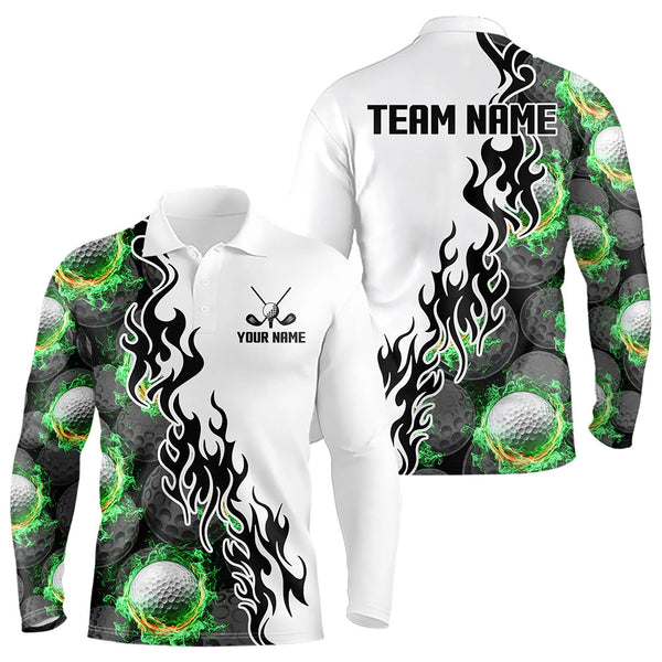 Maxcorners Green Flame Golf Ball pattern fire Black and White Mens golf polos shirts custom golf attire