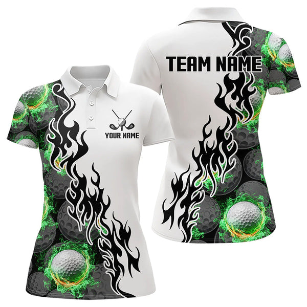 Maxcorners Green Flame Golf Ball pattern fire Black and White Mens golf polos shirts custom golf attire