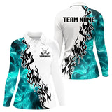 Maxcorners Blue Turquoise Flame pattern Black and White Mens golf polos shirts custom golf attire