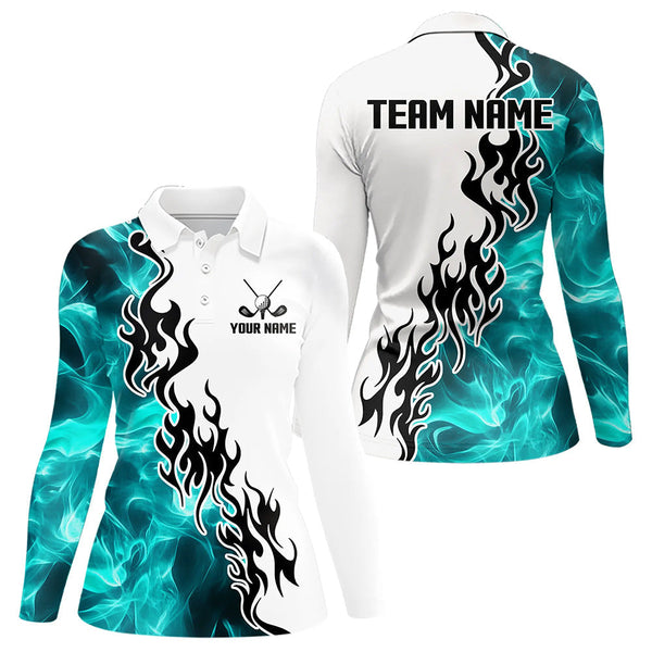 Maxcorners Blue Turquoise Flame pattern Black and White Mens golf polos shirts custom golf attire