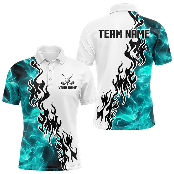 Maxcorners Blue Turquoise Flame pattern Black and White Mens golf polos shirts custom golf attire