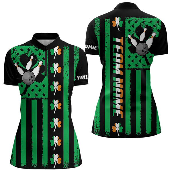 Maxcorners Black And Green American Flag Irish Men Bowling Shirts Custom St Patrick Day Bowling Team Jersey