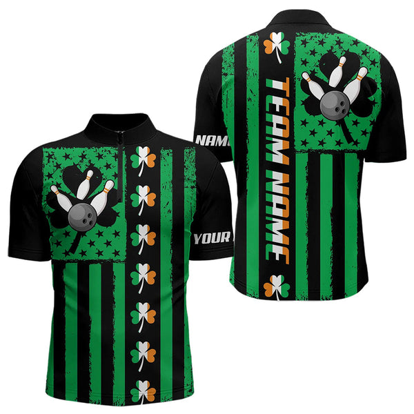 Maxcorners Black And Green American Flag Irish Men Bowling Shirts Custom St Patrick Day Bowling Team Jersey