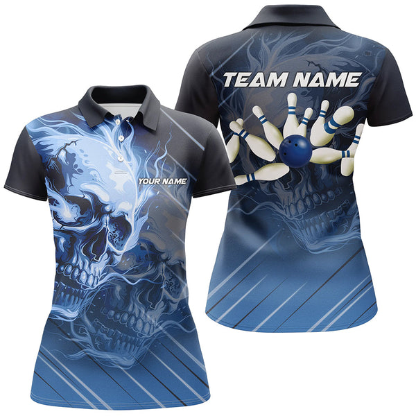 Maxcorners Personalized Skull Bowling Polo Shirts For Men Custom Team Flame Bowler Jerseys | Blue