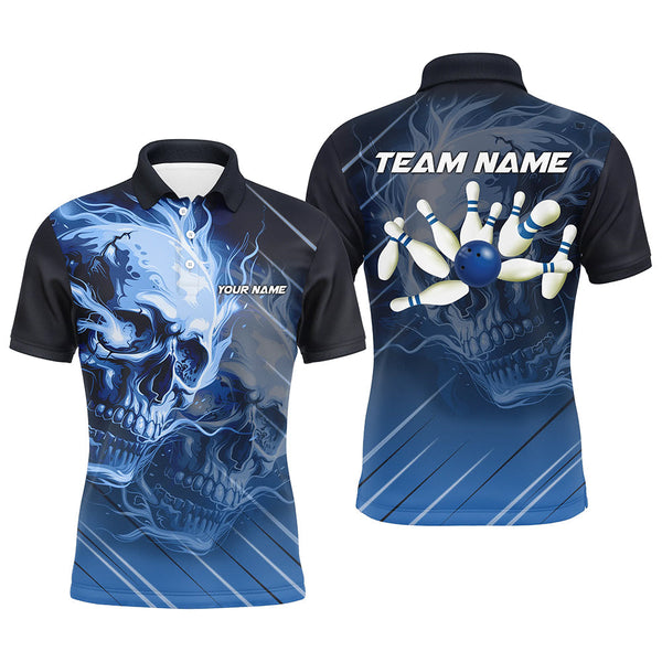 Maxcorners Personalized Skull Bowling Polo Shirts For Men Custom Team Flame Bowler Jerseys | Blue