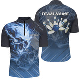 Maxcorners Personalized Skull Bowling Polo Shirts For Men Custom Team Flame Bowler Jerseys | Blue